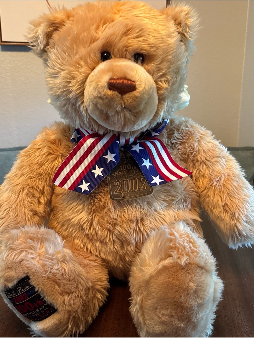 Light Brown Plush Teddy Bear with Patriotic Ribbon